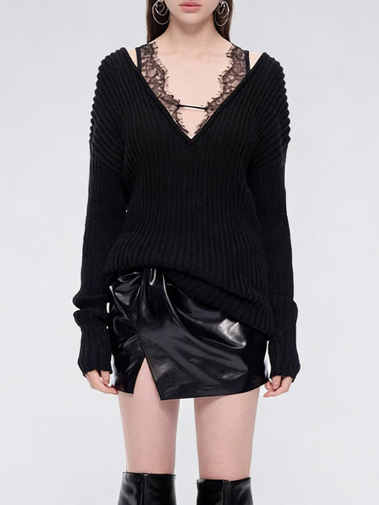 Faraj Lace Deconstruct Knit Top In Black