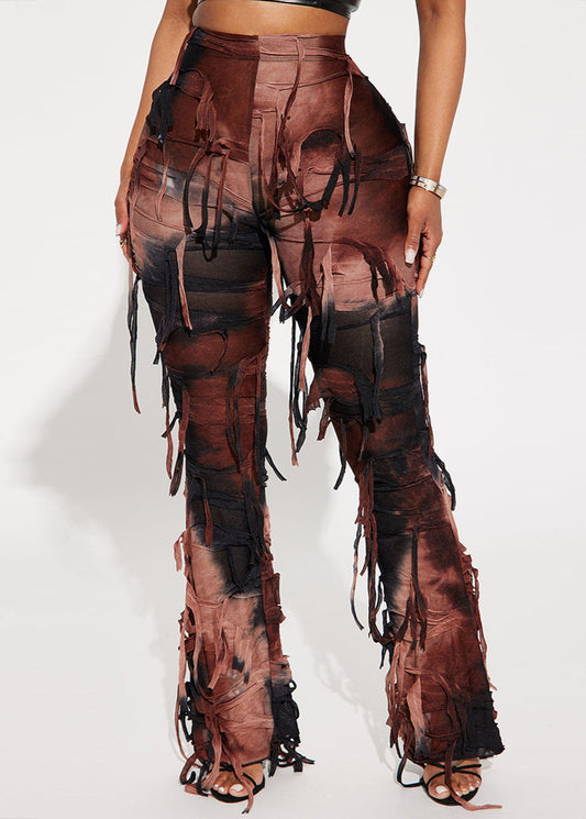 Cecily Tie Dye Fringe Pants Set In Brown