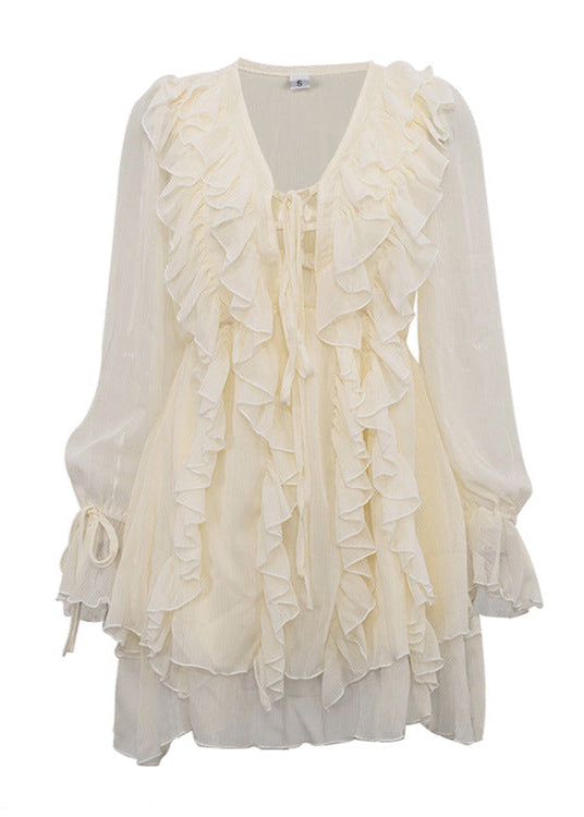 Anana Ruffle Lace Up Mesh Mini Dress