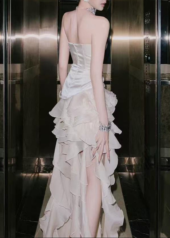 Dounia Crystal Ruffle Fringe Mini Dress In White