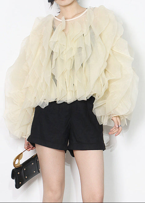 Zalak Mesh Ruffle Ruch Shirt In Apricot