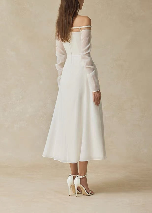 Deirdre Off Shoulder Ruch Mesh Midi Dress