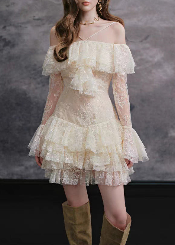 Feardorcha Off Shoulder Ruffle Lace Mini Dress