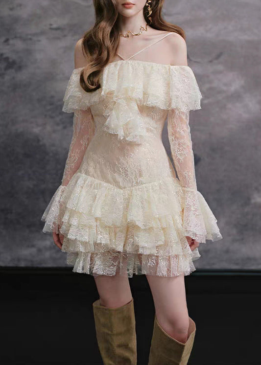 Feardorcha Off Shoulder Ruffle Lace Mini Dress