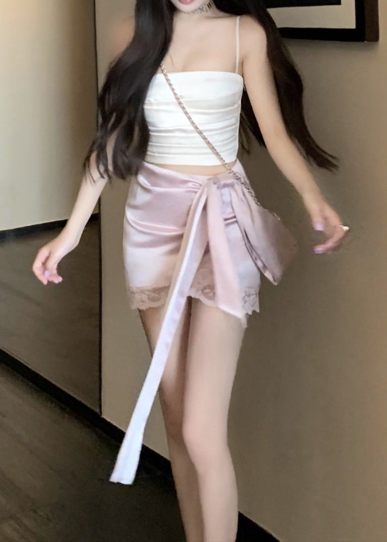 Antonina Lace Up Bow Satin Skirt In Pink