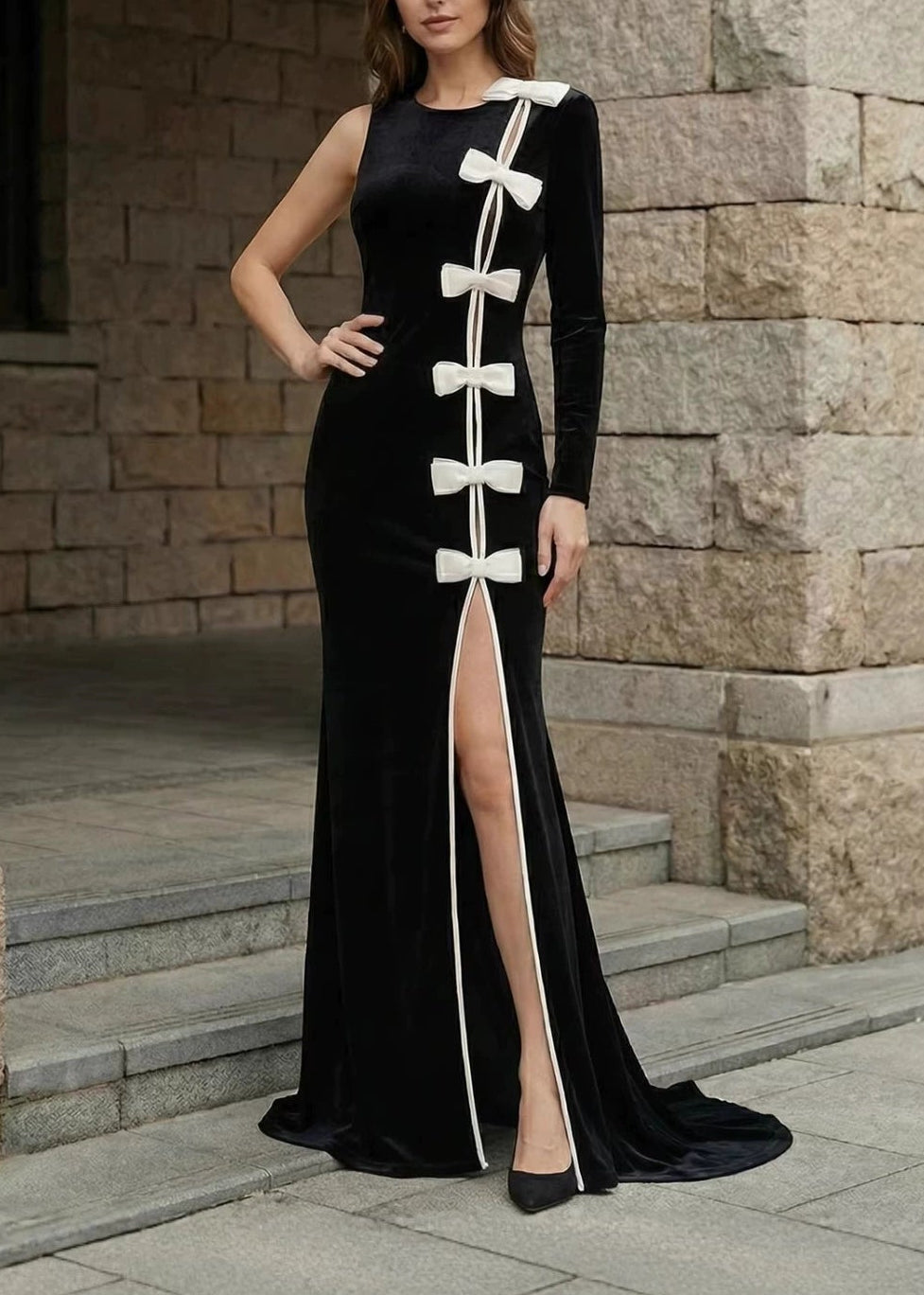 Eivind Asymmetric Bow Split Maxi Dress