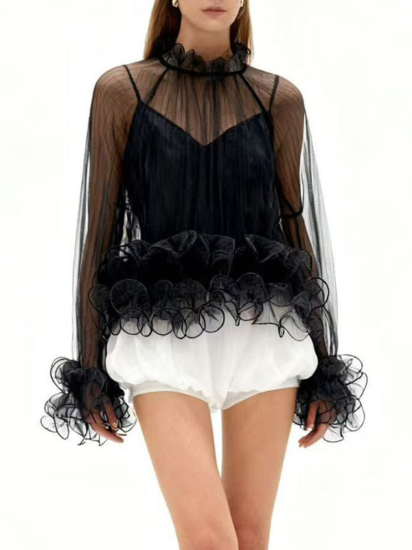 Fahima Ruffle Mesh Top In Black