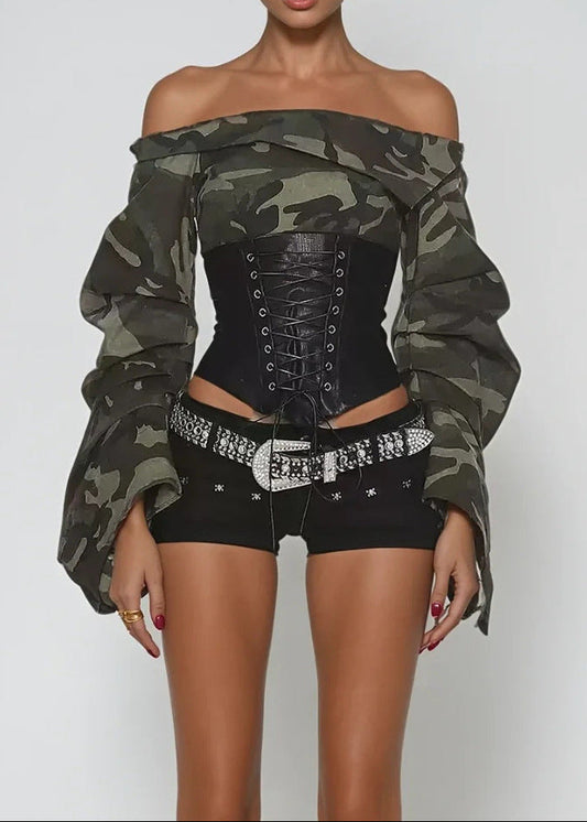 Carin Off Shoulder Print Lace Up Top