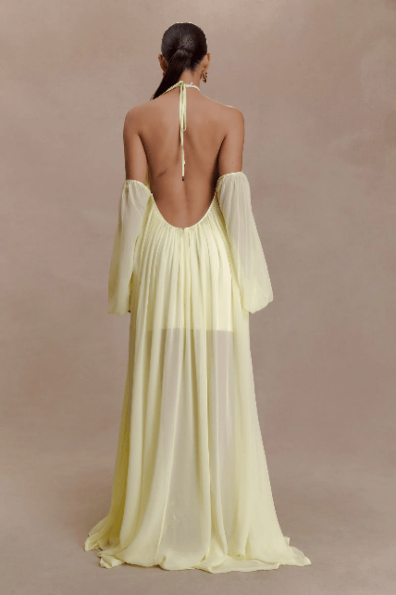 Emmanuhel Backless Balloon Sleeve Maxi Dress In Butter Yellow
