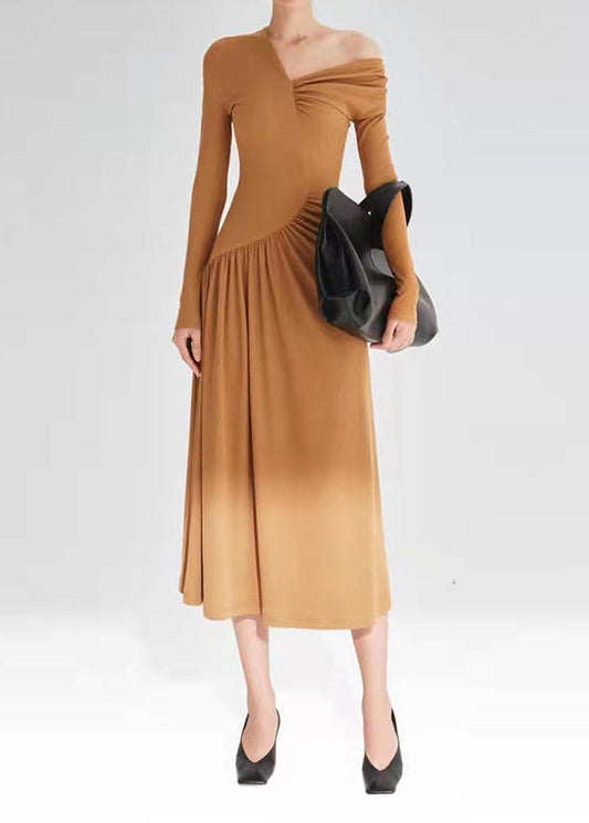 Dekel One Shoulder Asymmetric Ruch Maxi Dress In Khaki