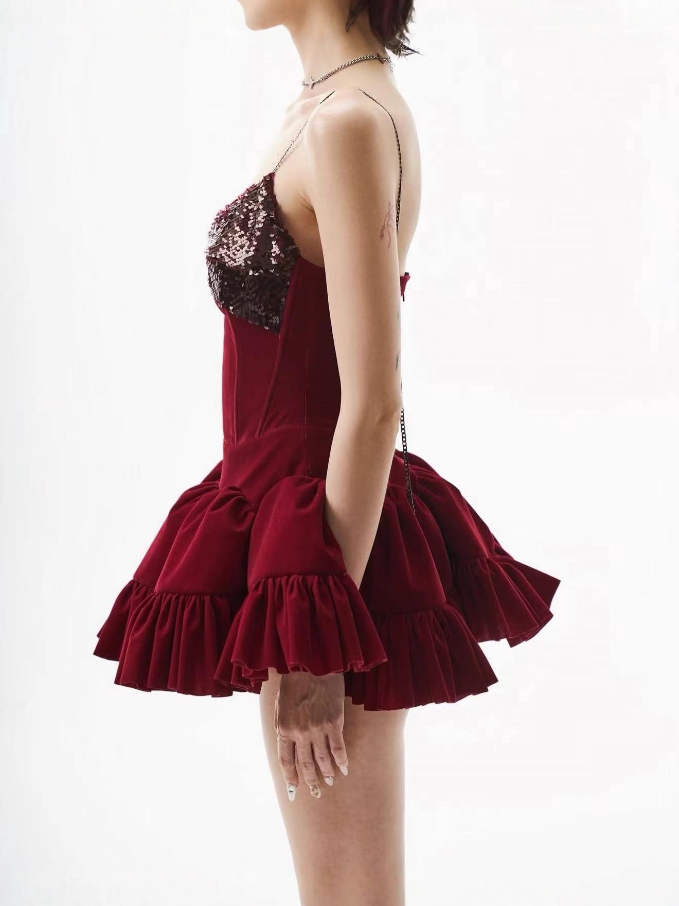 Dayo Spaghetti Sequin Puffy Mini Dress In Red