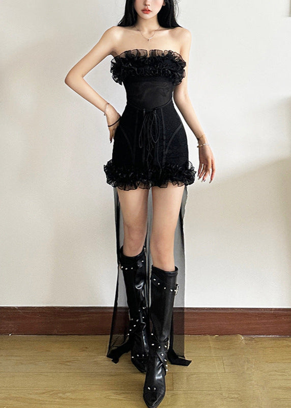 Bell Mesh Ruffle Lace Up Asymmetric Mini Dress