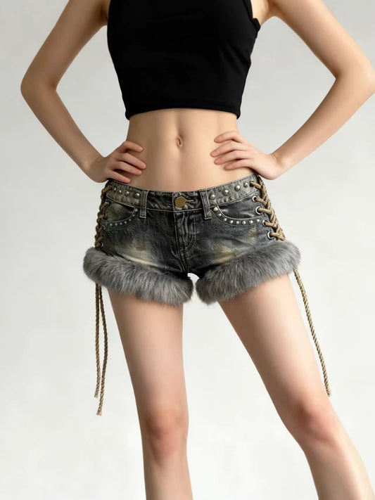 Dursun Faux Fur Lace Up Denim Shorts