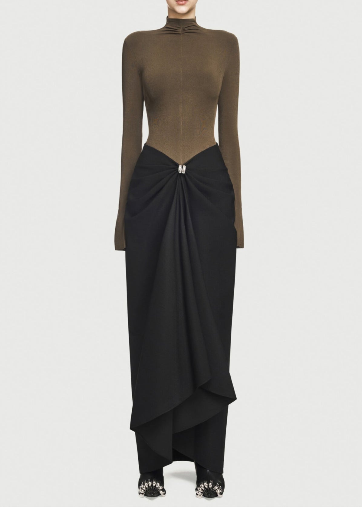 Ariane Bodycon Deconstruct Ruch Maxi Dress In Brown