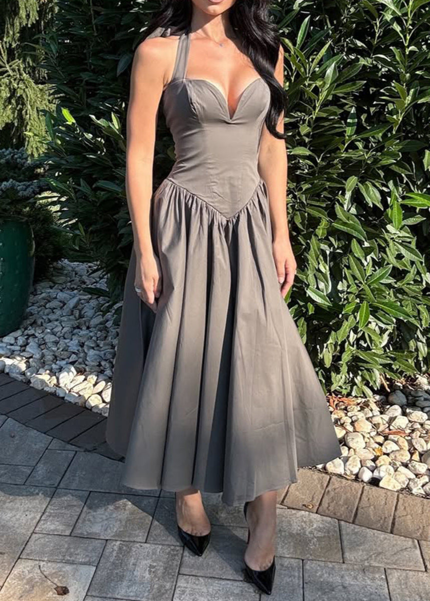 Anuj Halter Neck Bodycon Ruffle Maxi Dress In Grey