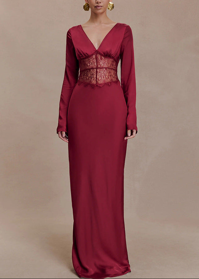 Dominick Long Sleeve Lace Plunge Maxi Dress
