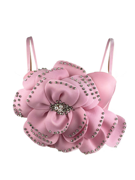Anjang Flower Spaghetti Rhinestone Top