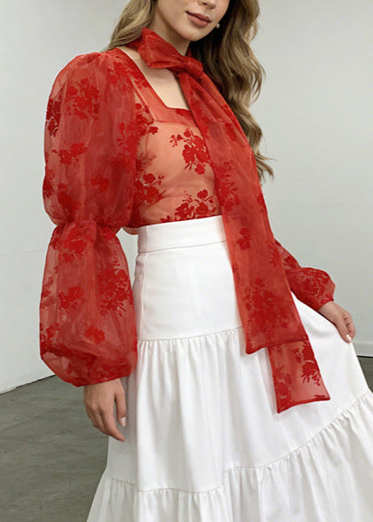 Elov Tie Up Floral Mesh Top