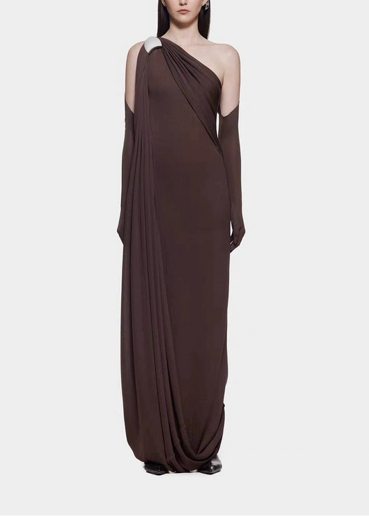 Colombo One Shoulder Ruch Maxi Dress In Brown