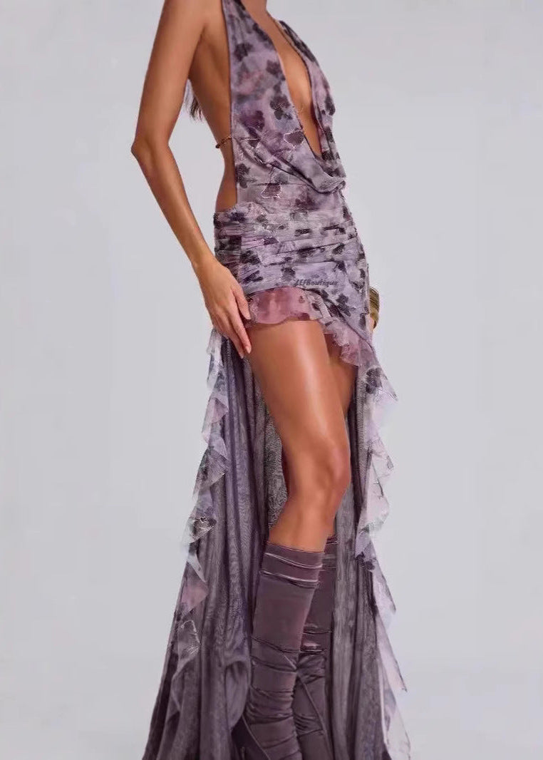 Braam Cow Neck Print Backless Maxi Dress