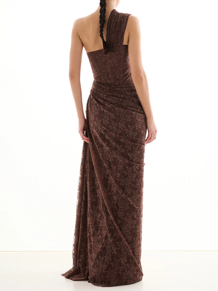 Farohildis One Shoulder Corset Lace Maxi Dress In Brown