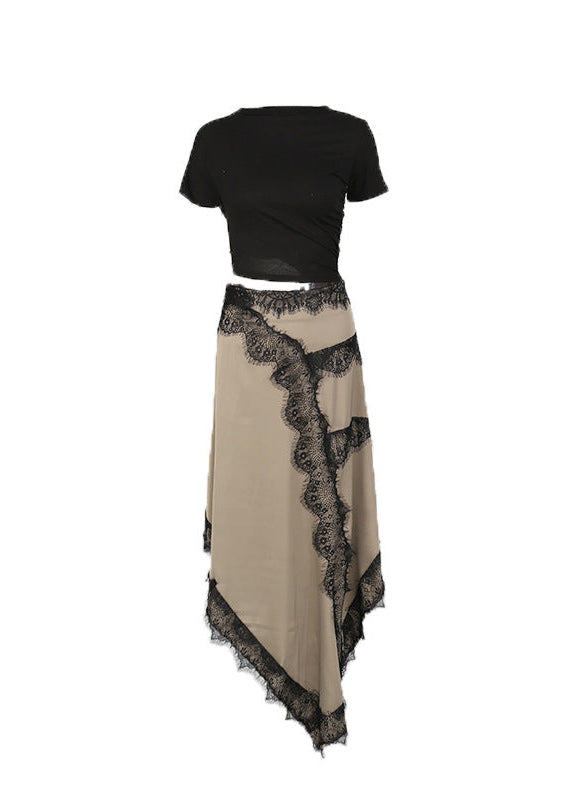 Emina Asymmetric Lace Satin Maxi Dress