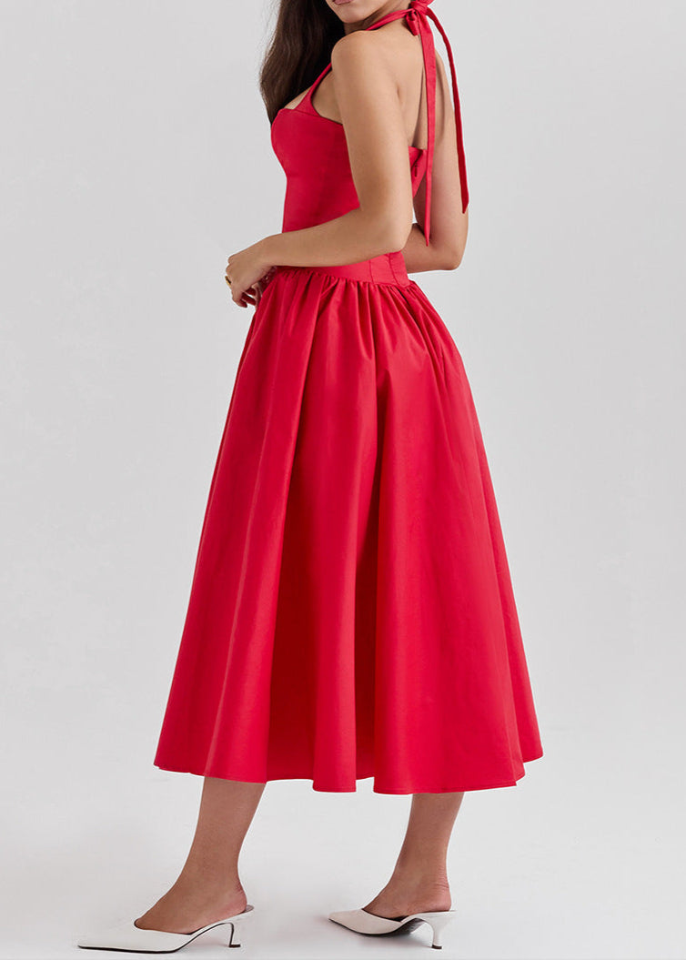 Anuj Halter Neck Bodycon Ruffle Maxi Dress In Red