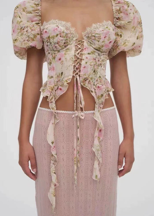 Ames Balloon Sleeve Floral Lace Up Top