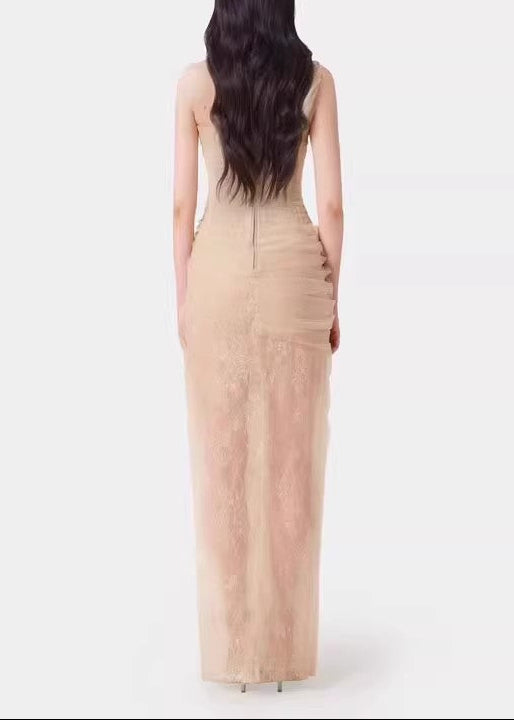 Decima One Shoulder Corset Mesh Maxi Dress In Apricot