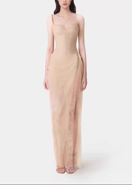 Decima One Shoulder Corset Mesh Maxi Dress In Apricot