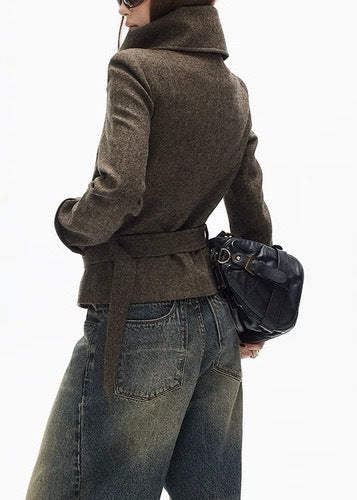 Djuro Funnel Neck Belt Jacket In Brown