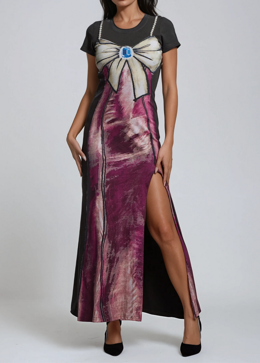 Aroa Print Bow Pearl Maxi Dress