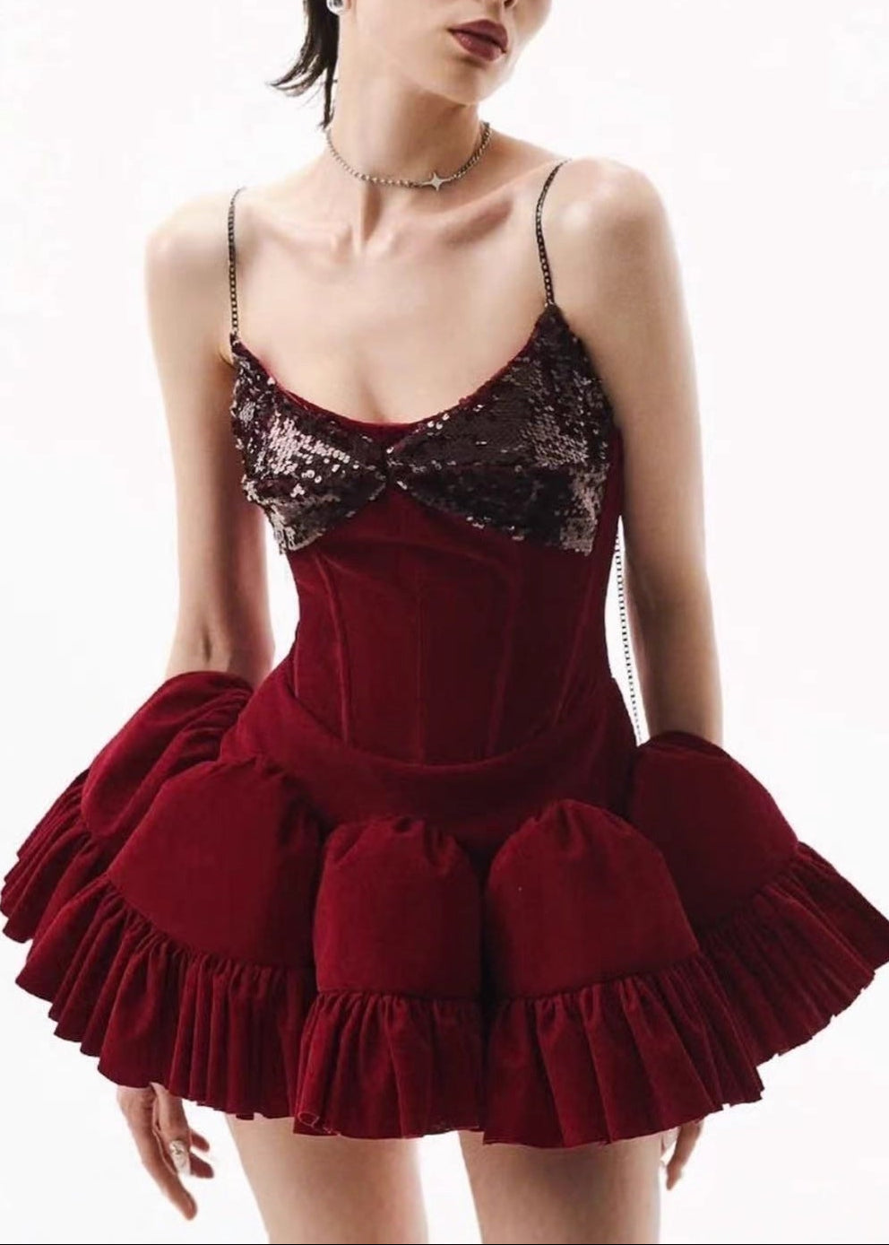 Dayo Spaghetti Sequin Puffy Mini Dress In Red