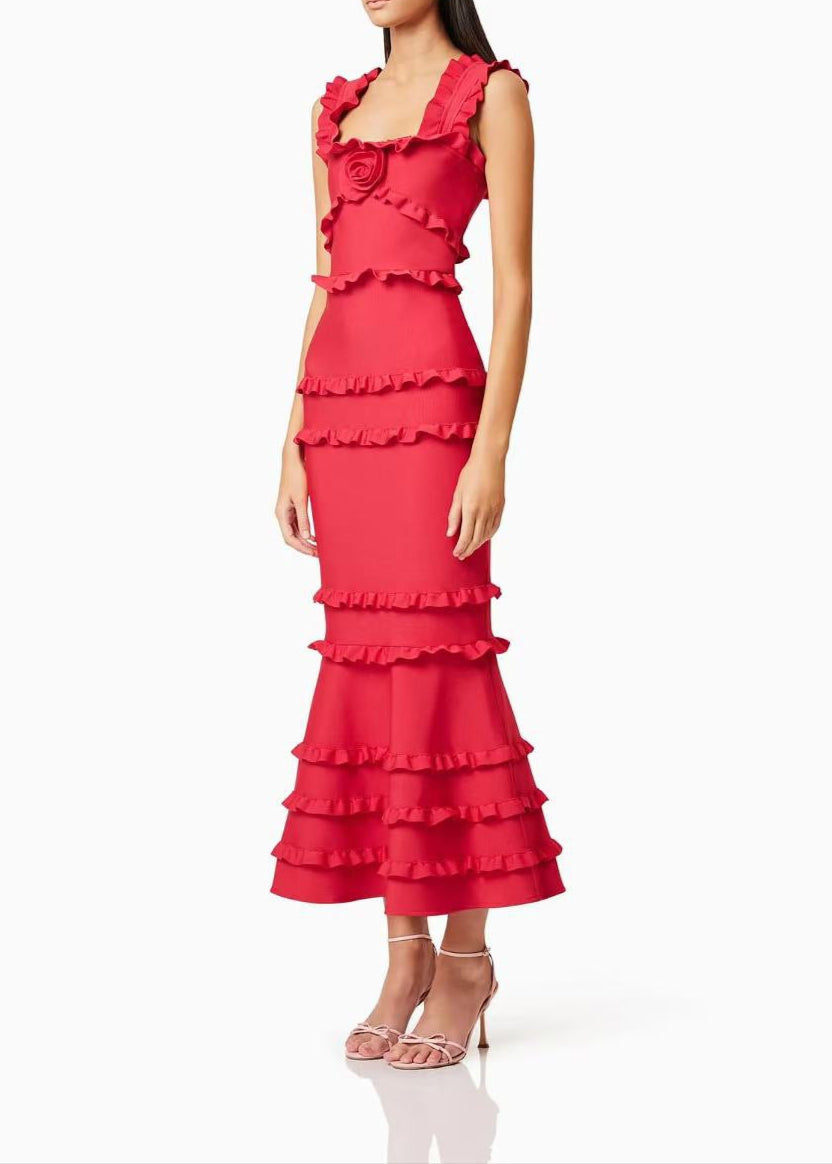 Barret Ruffle Flower Maxi Dress In Red