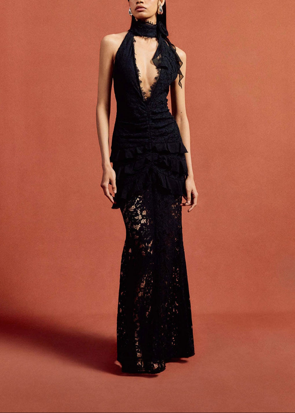 Derdriu Flower Plunge Lace Maxi Dress