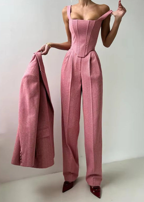 Amnon Lapel Strapless Three Piece Pants Set In Pink