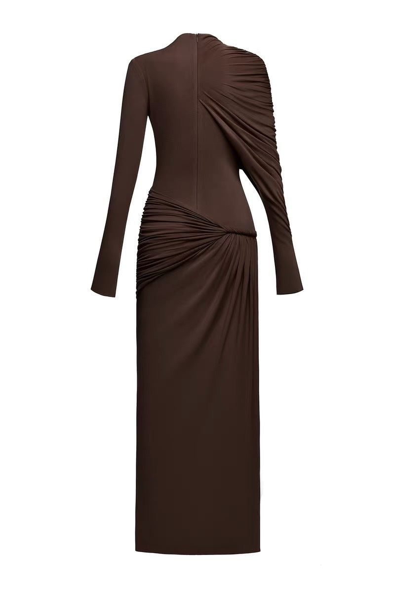 Driscoll Asymmetric Ruch Maxi Dress In Brown