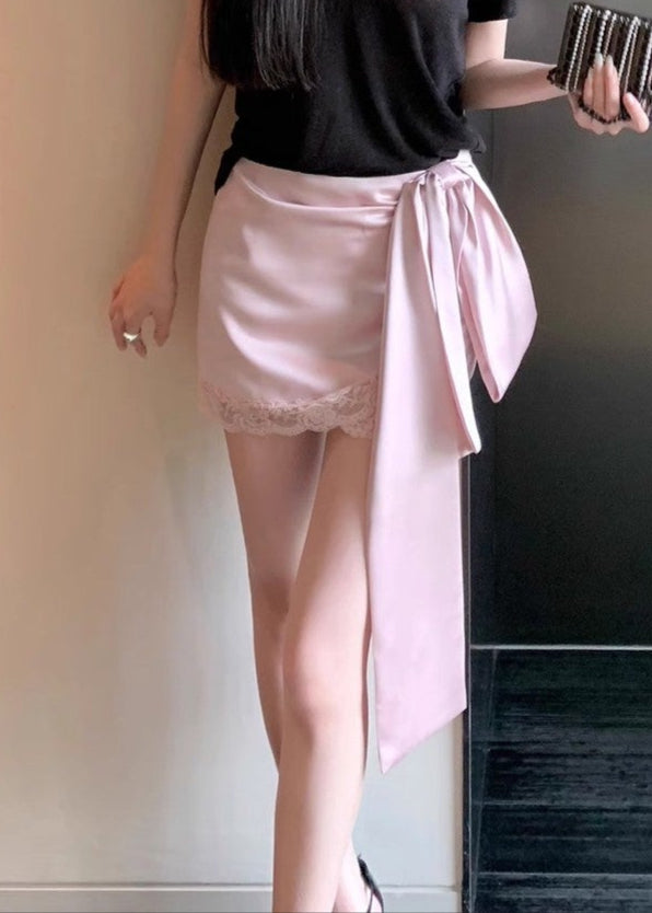 Antonina Lace Up Bow Satin Skirt In Pink