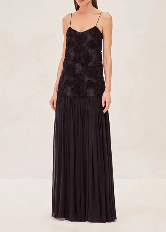 Eithan Spaghetti Flower Mesh Maxi Dress In Black