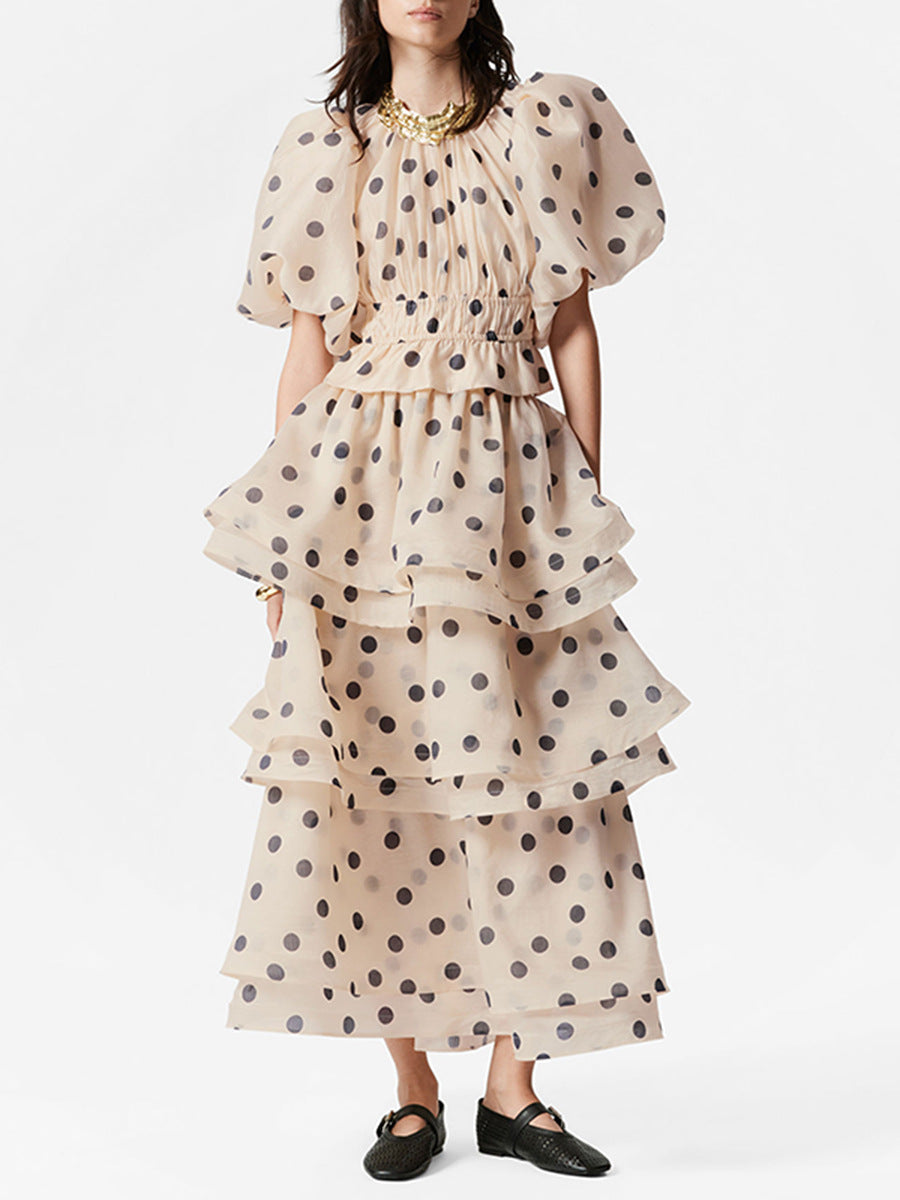 Bakari Balloon Sleeve Dot Ruffle Skirt Set