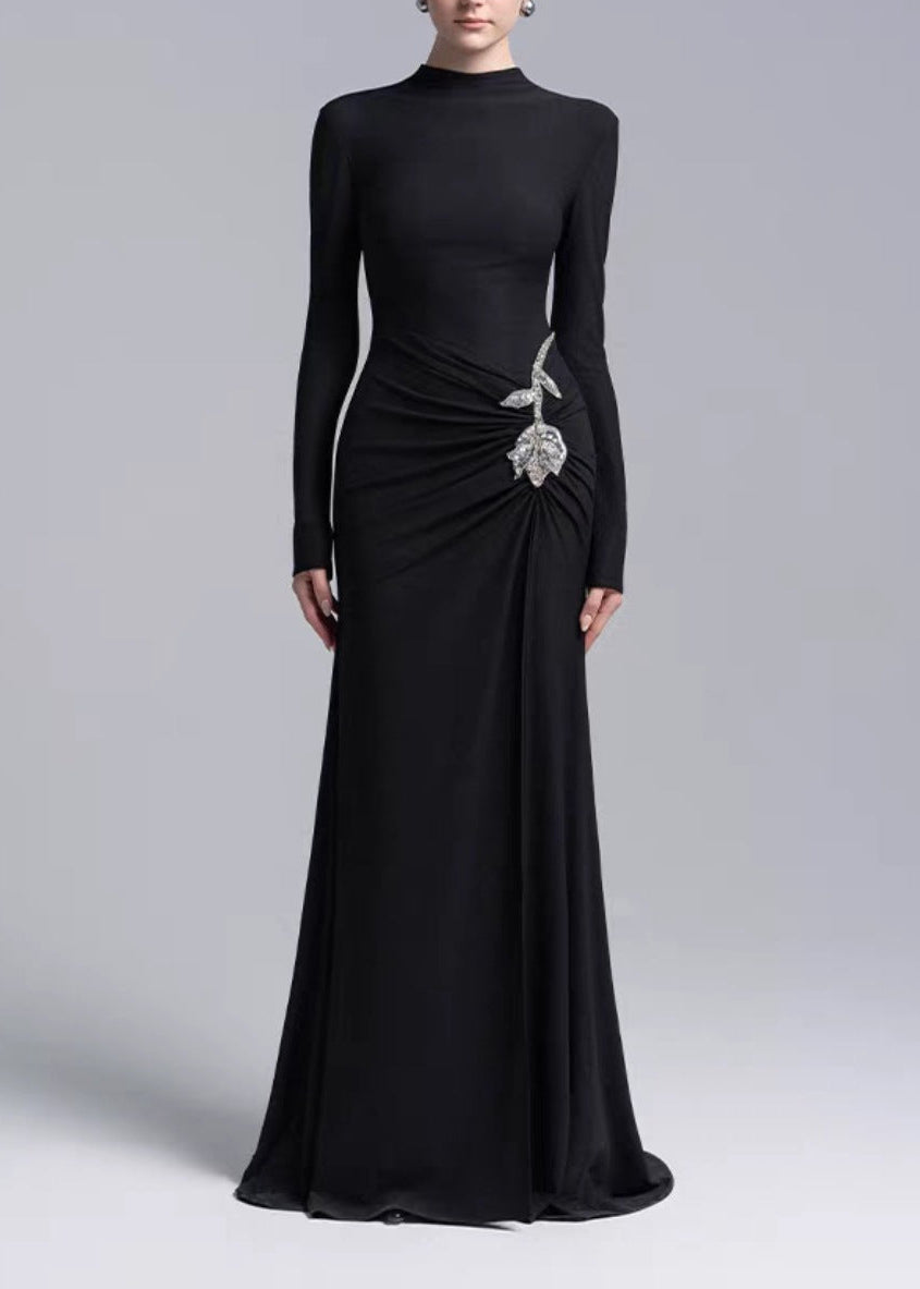 Elisaveta Long Sleeve Rhinestone Flower Maxi Dress In Black