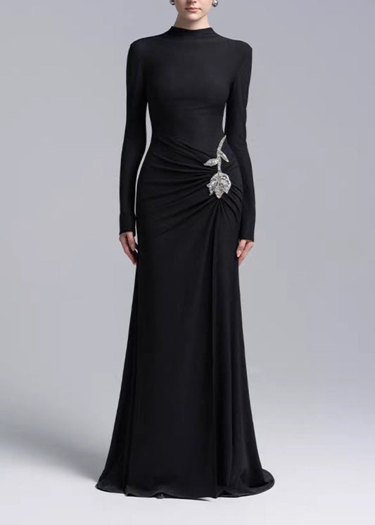 Elisaveta Long Sleeve Rhinestone Flower Maxi Dress In Black
