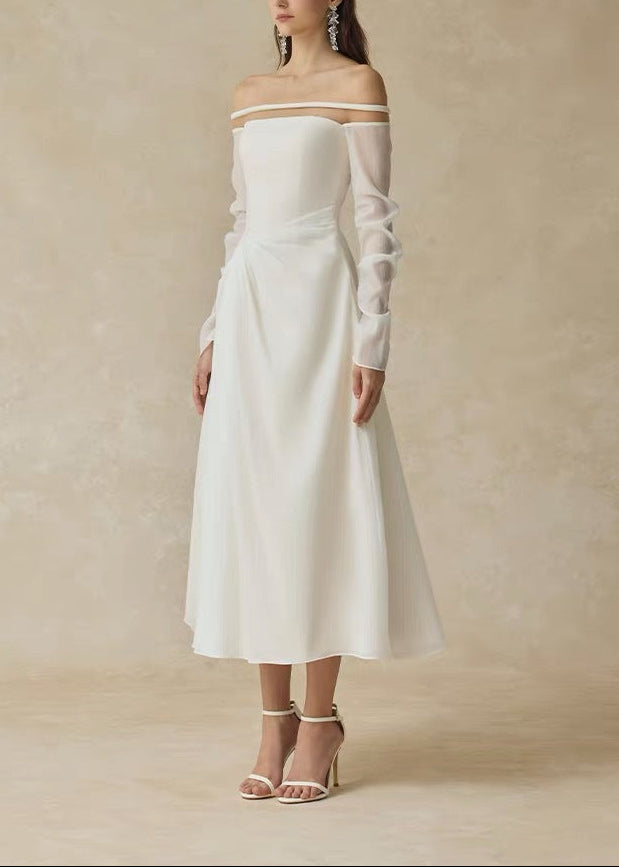 Deirdre Off Shoulder Ruch Mesh Midi Dress