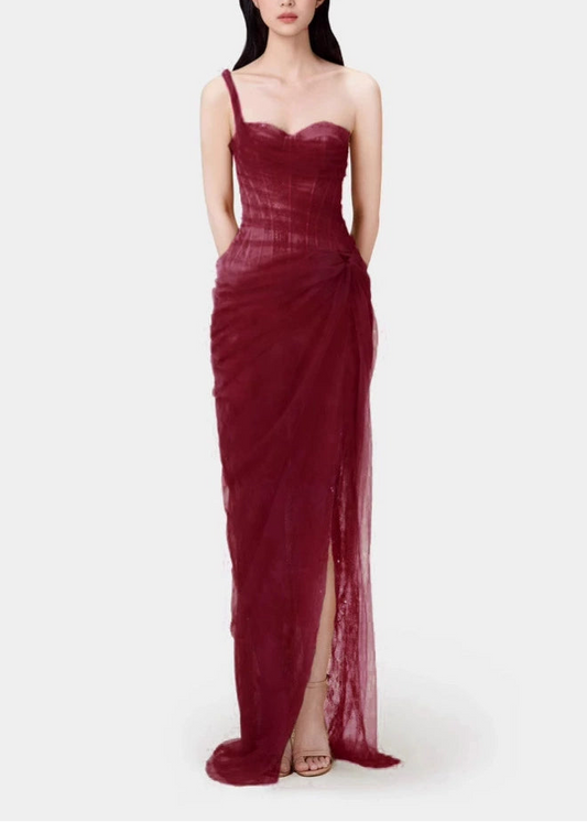 Decima One Shoulder Corset Mesh Maxi Dress In Red