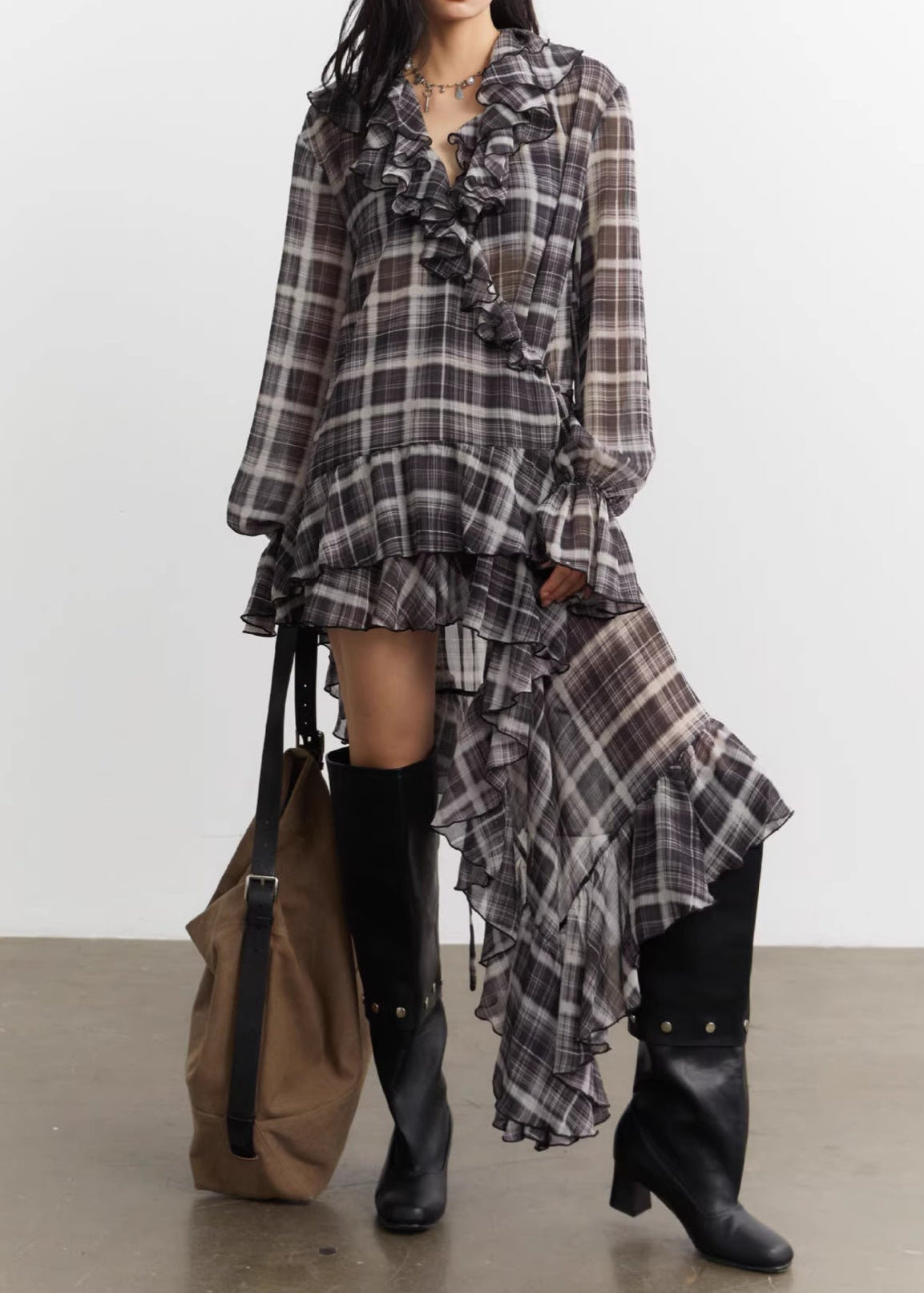 Erja Asymmetric Grid Ruffle Mini Dress