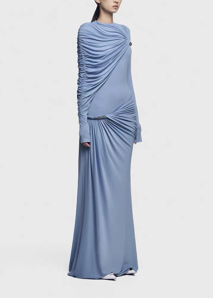Driscoll Asymmetric Ruch Maxi Dress In Blue