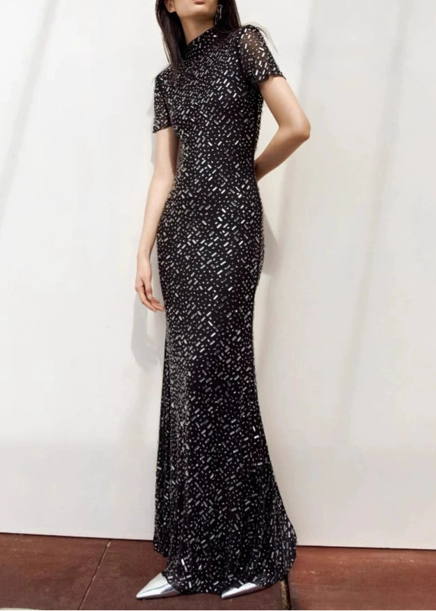 Caleigh Rhinestone Bodycon Short Sleeves Maxi Dress