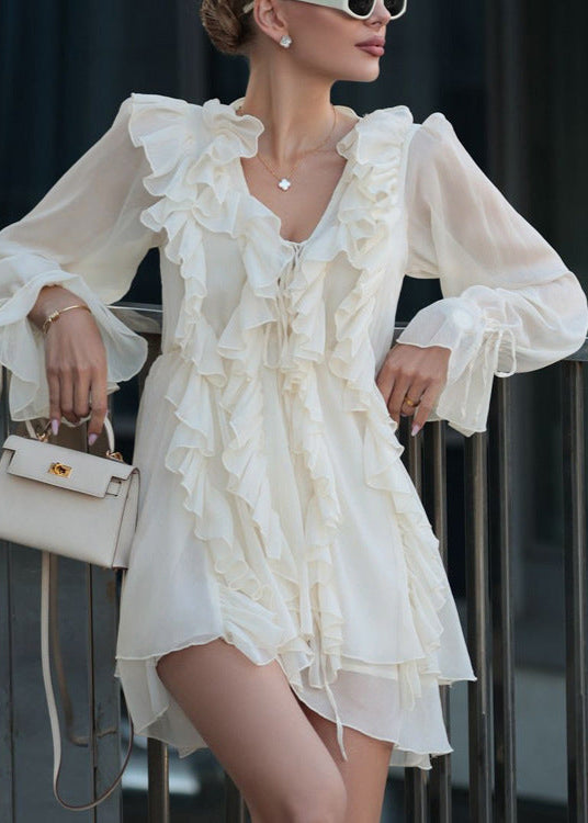 Anana Ruffle Lace Up Mesh Mini Dress