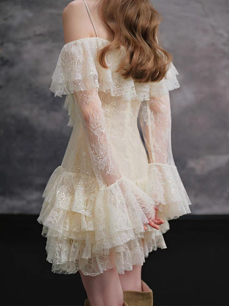 Feardorcha Off Shoulder Ruffle Lace Mini Dress
