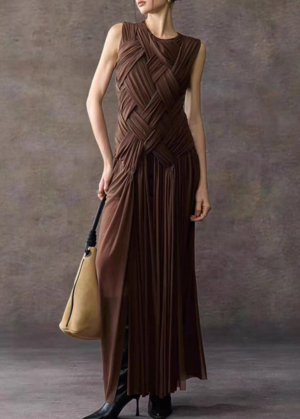 Domninus Sleeveless Ruch High Split Maxi Dress